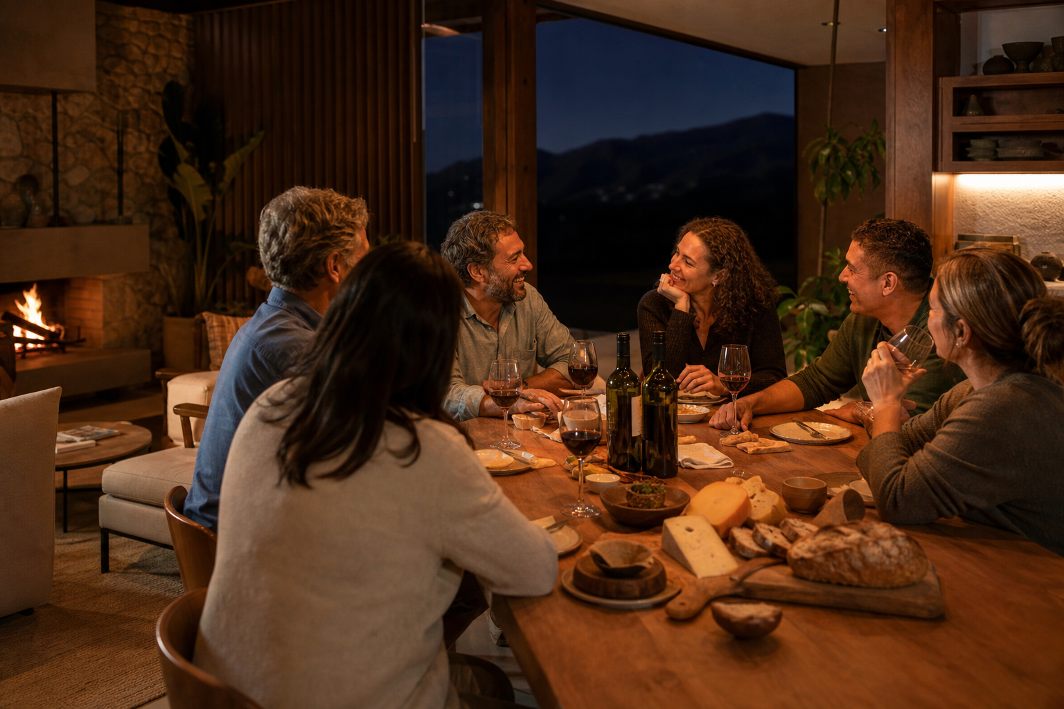 Vizinhos reunidos ao redor de uma mesa em uma noite acolhedora